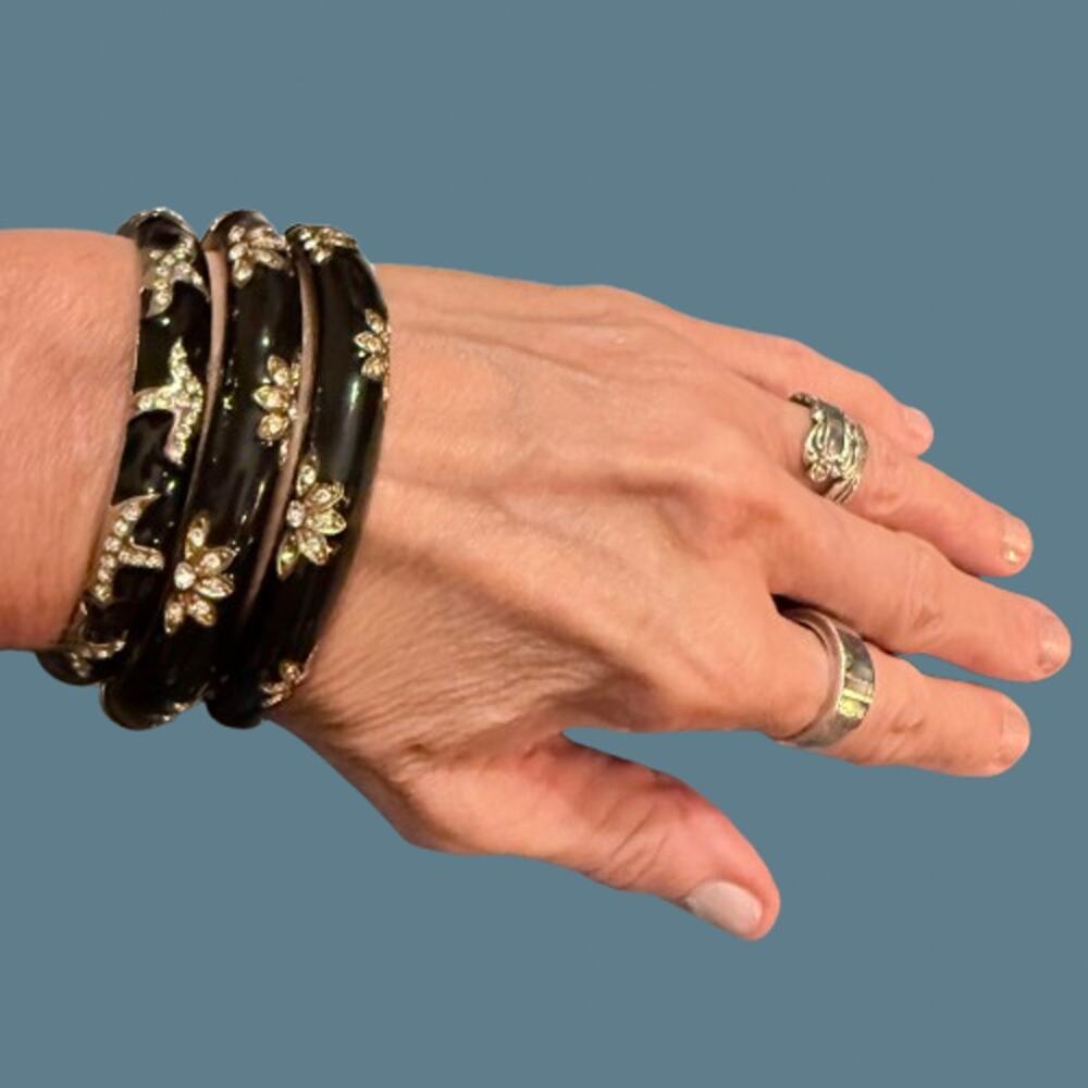 3x Vintage Black Enamel Clear Rhinestone Hinged Bracelets